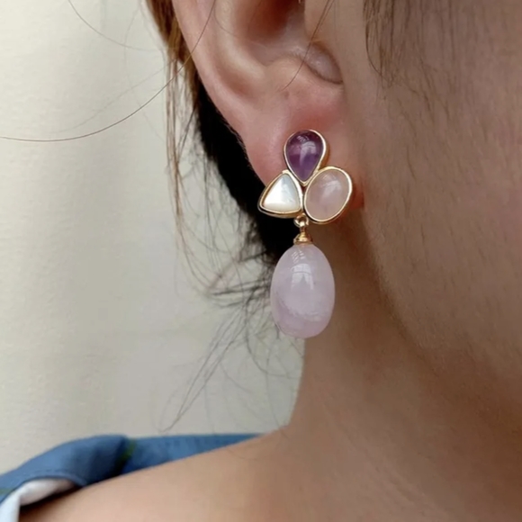 Rose Quartz Teardrop Amethyst Dangle Statement Earrings - Picture 3 of 8